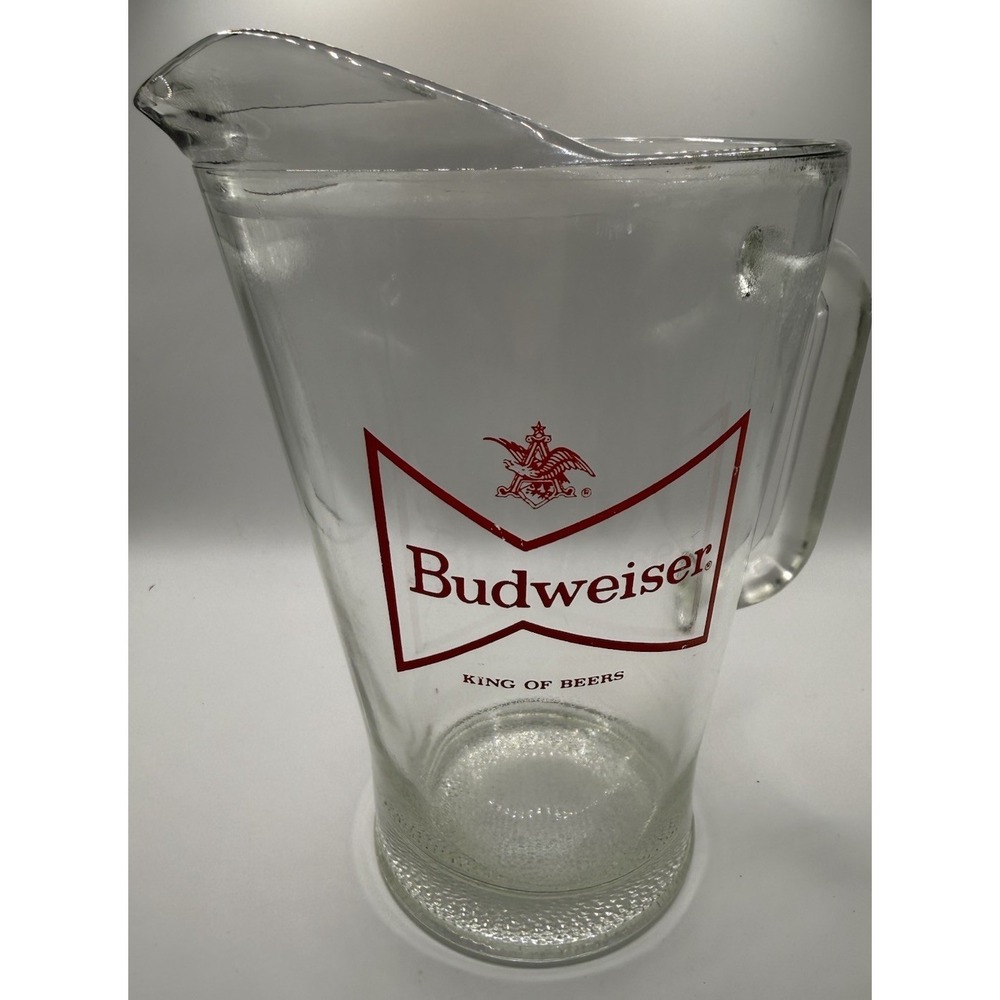 Vintage Budweiser Red Bowtie Logo 56 Oz. Heavy Glass Beer Pitcher Breweriana